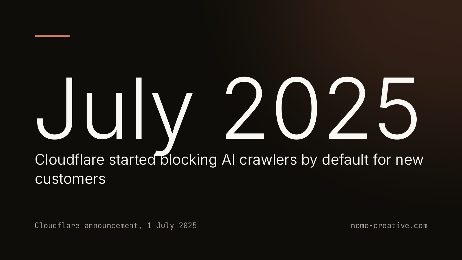 July 2025 Cloudflare started blocking AI crawlers by default for new customers. Cloudflare announcement, 1 July 2025
