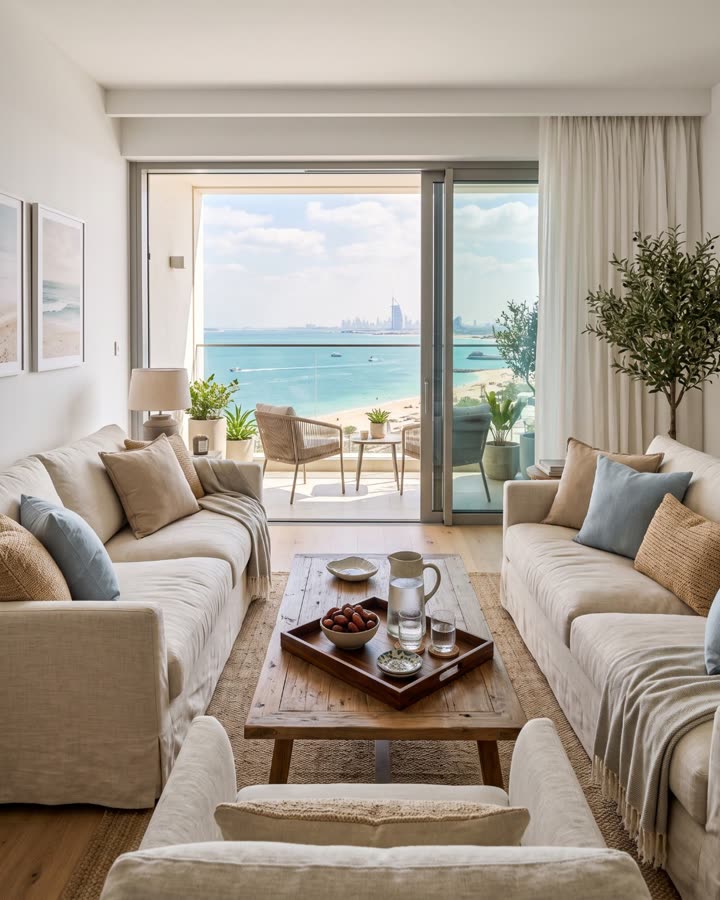 A sea view living room with a welcome tray