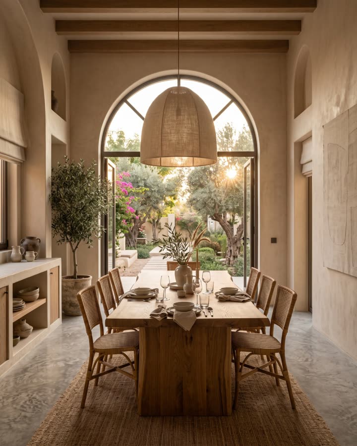 A dining room opening onto an olive garden