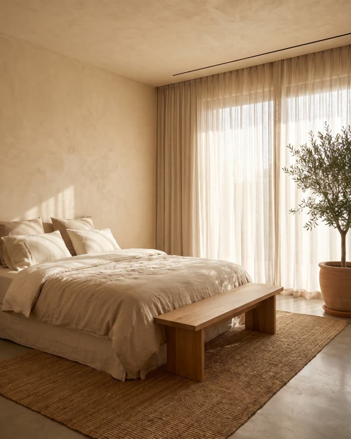 A calm bedroom in linen and oak