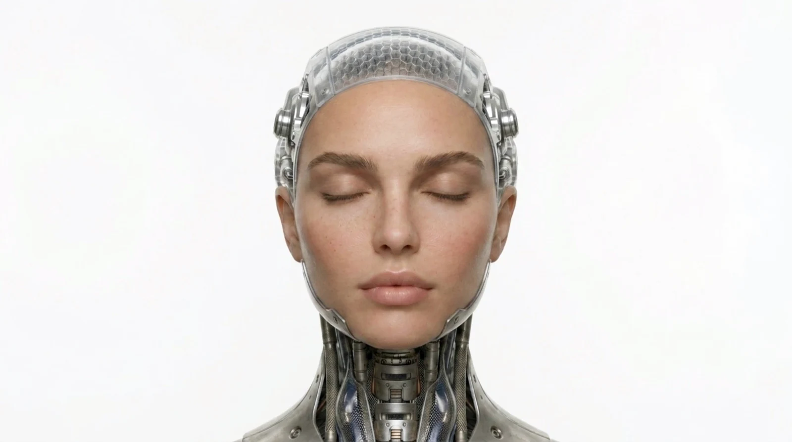 A serene human face fused to a transparent mechanical cranium, eyes closed, on a clean off-white background.